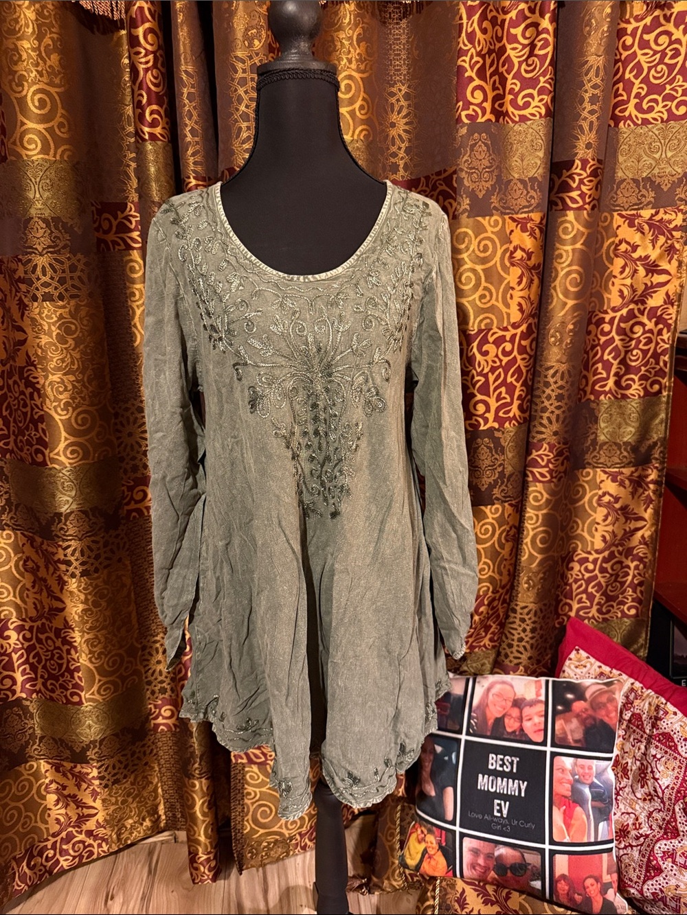 Sacred Threads Embroidered Sage Green Long-Sleeve Tunic Top